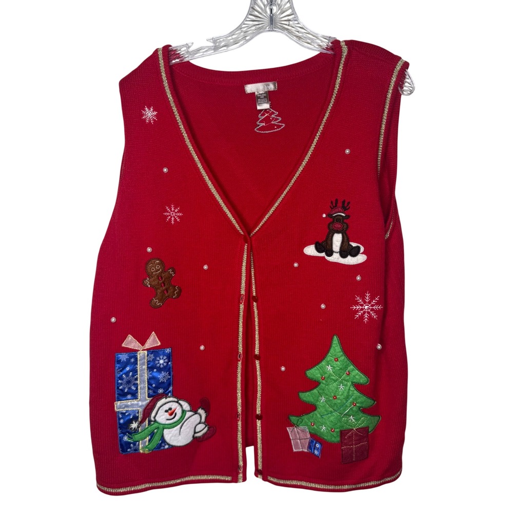 White Stag Womens XXL Red Christmas‎ Sweater Vest Reindeer Snowman Tree
